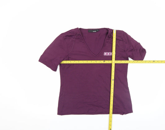 Hennes Women's Purple V-Neck Short Sleeve Stretch T-Shirt Size L