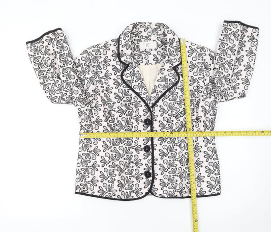CC Women White Black Floral Embroidered Suit Jacket Size 14 Cotton Blend