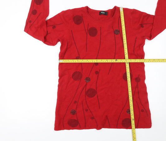 Klass Women Red Round Neck Beaded Pullover Jumper Size M