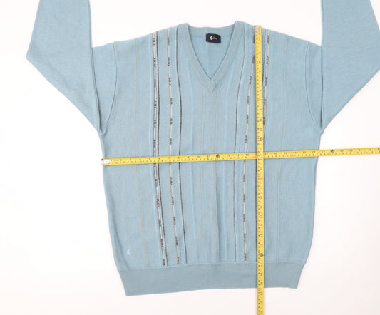 Galteco Men Blue Wool Blend V-Neck Pullover Jumper XL