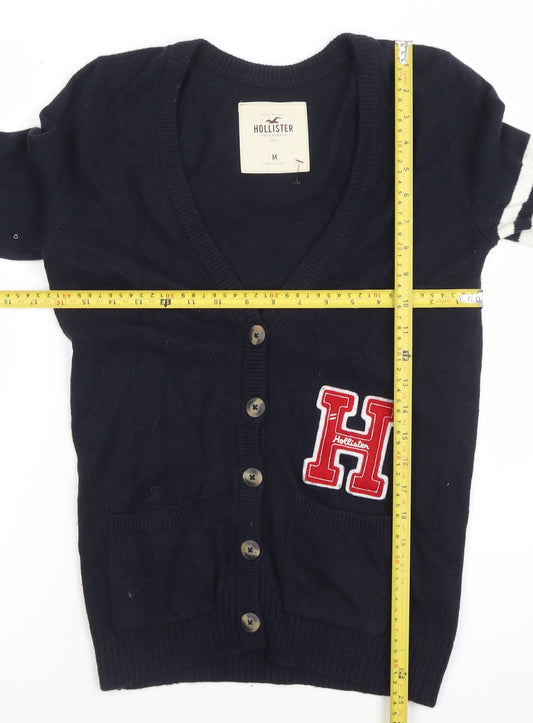 Hollister Men's Blue V-Neck Cardigan with Logo Patch Size M