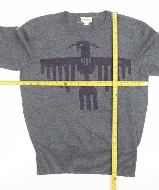 Diesel Men’s Grey Crew Neck Graphic Knit Pullover Jumper Size M
