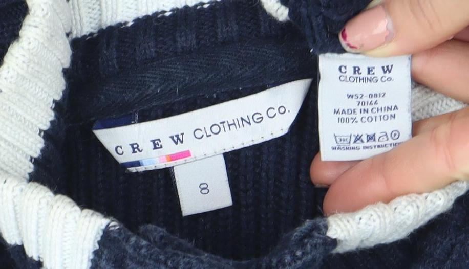 Brand and care label for Crew Clothing Women's Blue Cable Knit Cotton Cardigan, size 8