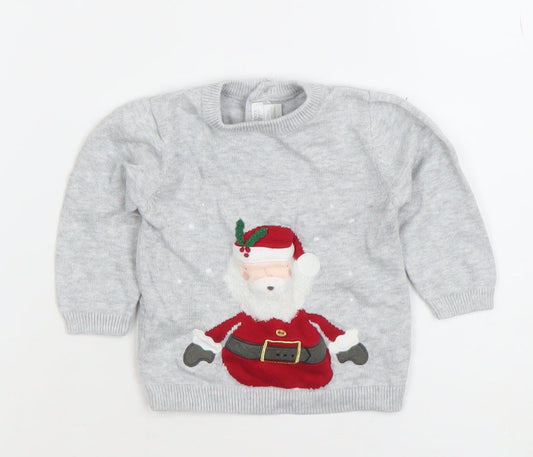 Mamas & Papas Grey Santa Knitted Baby Jumper 0-3 Months Christmas Pullover