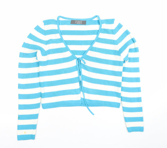 Additional front view of Primark unisex blue striped v-neck tie front cardigan m