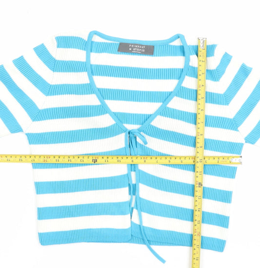 Primark Unisex Blue Striped V-Neck Tie Front Cardigan M