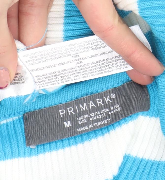 Brand and care label for Primark unisex blue striped v-neck tie front cardigan m