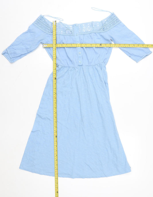 Topshop Women Blue Cotton Off Shoulder A-Line Knee Dress UK 6
