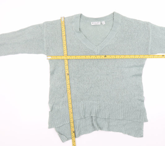 Brave Soul Womens Green V-Neck Knit Long Sleeve Pullover Jumper XS