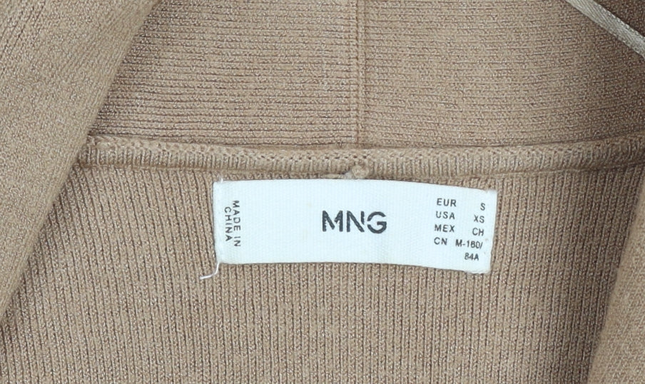 Brand and care label for Mango unisex beige s collared knit long sleeve cardigan