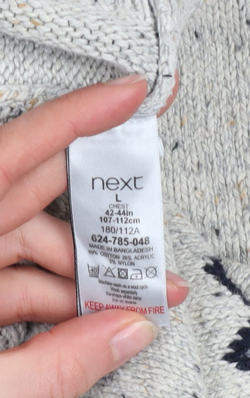 Next Men Beige Fair Isle Knit Jumper L Crew Neck Cotton Blend