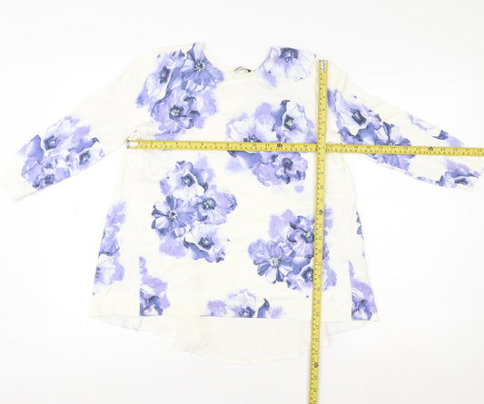 Oasis Women’s White Floral Tunic Blouse Size S Long Sleeve Cotton Blend