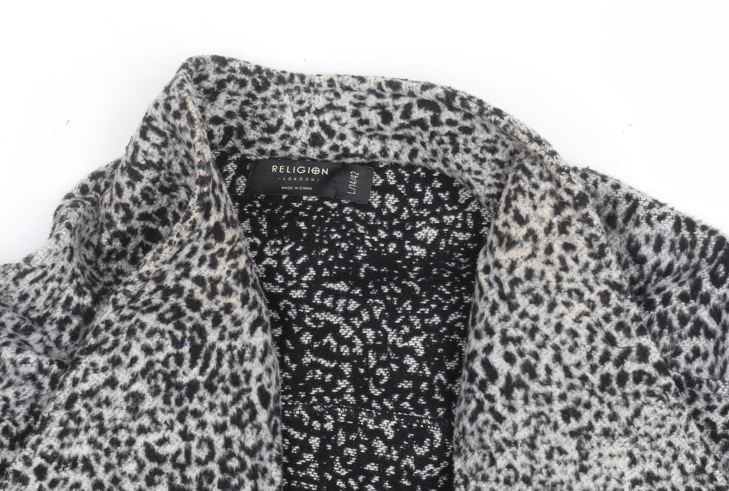 Religion Women Grey Animal Print Coatigan L Long Sleeve Open Front