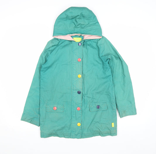 White Stuff Girls Green Hooded Rain Coat 9-10 Years Cotton Lined Mid-Length