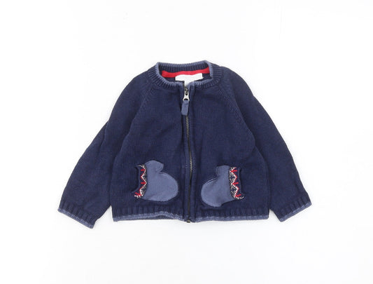 The Little White Company Blue Cotton Full Zip Animal Baby Cardigan 3-6 Months