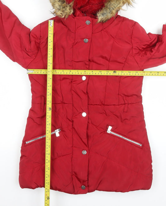 Tu Girls Red Faux Fur Hooded Puffer Coat 9-10 Years Winter Jacket
