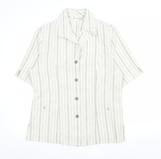 Additional front view of Oscar B Beige Striped Collared Short Sleeve Button-Up Top, size 14
