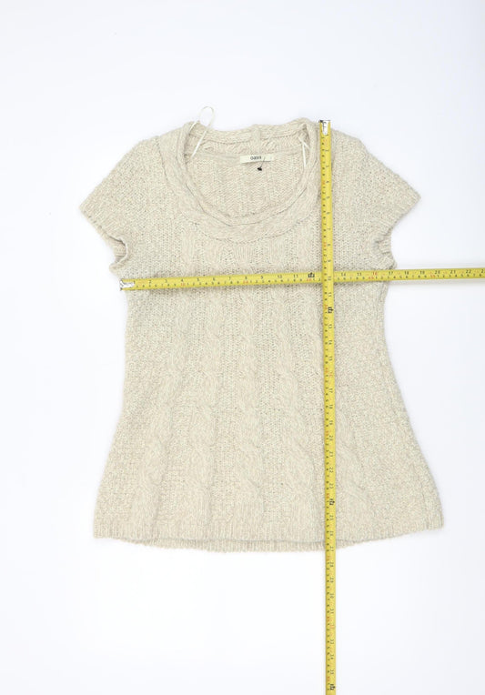 Oasis Women Beige Cable Knit Short Sleeve Pullover Jumper L