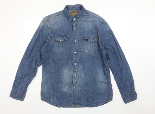 Springfield Men Blue Denim Long Sleeve Button-Up Shirt L Regular Fit