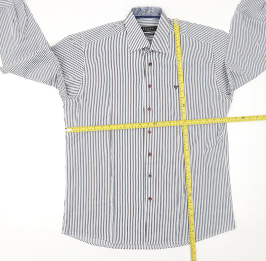 Benetti Luxury Men's Blue Striped Cotton Long Sleeve Button-Up Shirt L