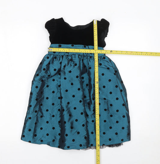 F&F Girls Blue & Black Polka Dot Fit & Flare Party Dress 4-5 Years Velvet Bow