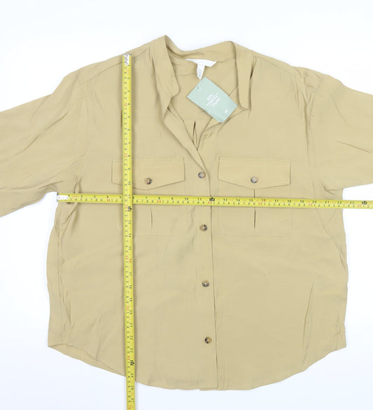 H&M Women’s Beige Button-Up Short Sleeve Modal Shirt Size 12