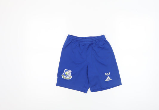 Additional front view of adidas boys’ blue football athletic shorts, size 10, years elastic waist