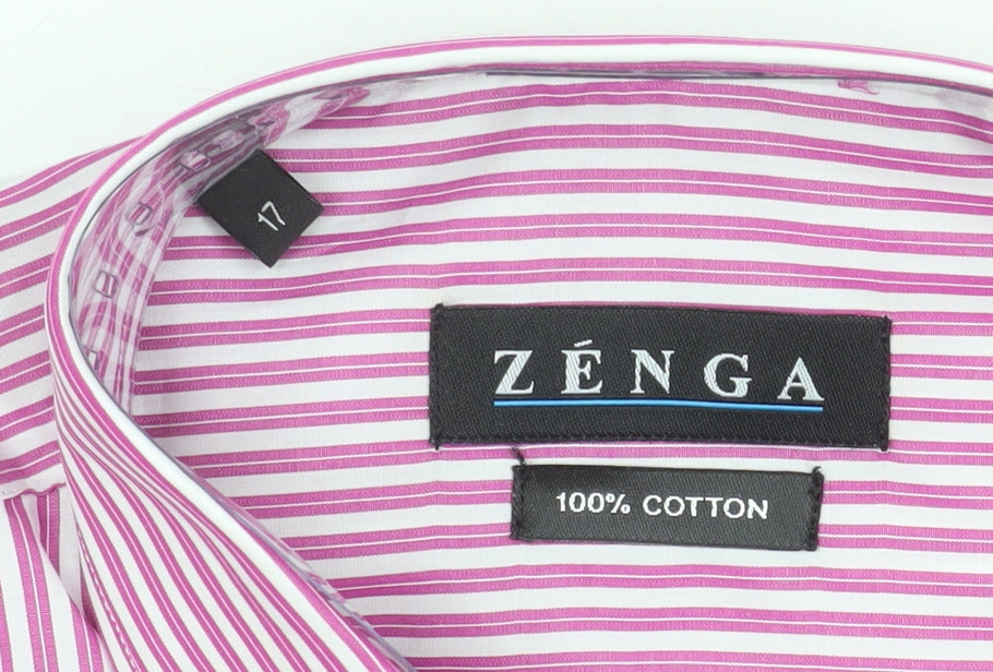 Zenga Men's Pink Striped 100% Cotton Long Sleeve Dress Shirt 17 Regular Fit