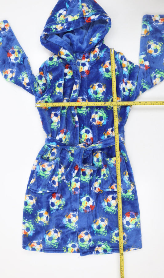 Dunnes Stores Boys Blue Fleece Hooded Belted Robe 13-14 Years Sports Print