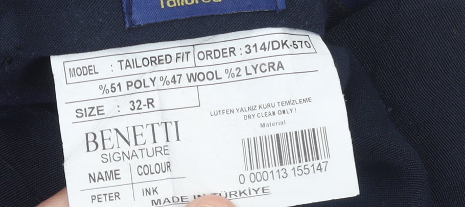 Mens UK Size 32R Benetti Classic Fit Dress Pants Blue Trousers