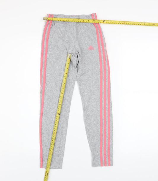adidas Girls Grey Pink Stripe Ankle Leggings Size 11-12 Years Cotton Stretch