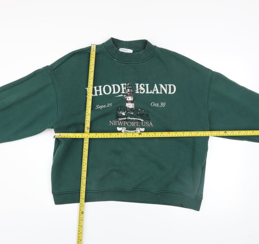 Bershka Women Green Rhode Island Graphic Pullover Sweatshirt Size M