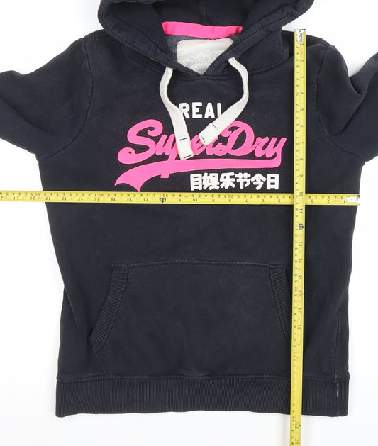 Superdry Womens Black Pullover Hoodie Large Cotton Blend Fleece Lined