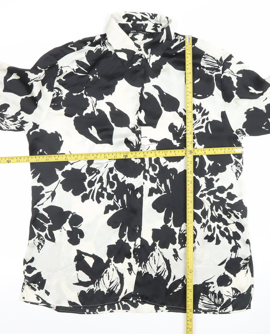 ZARA Women Black White Floral Long Sleeve Button-Up Shirt Size S