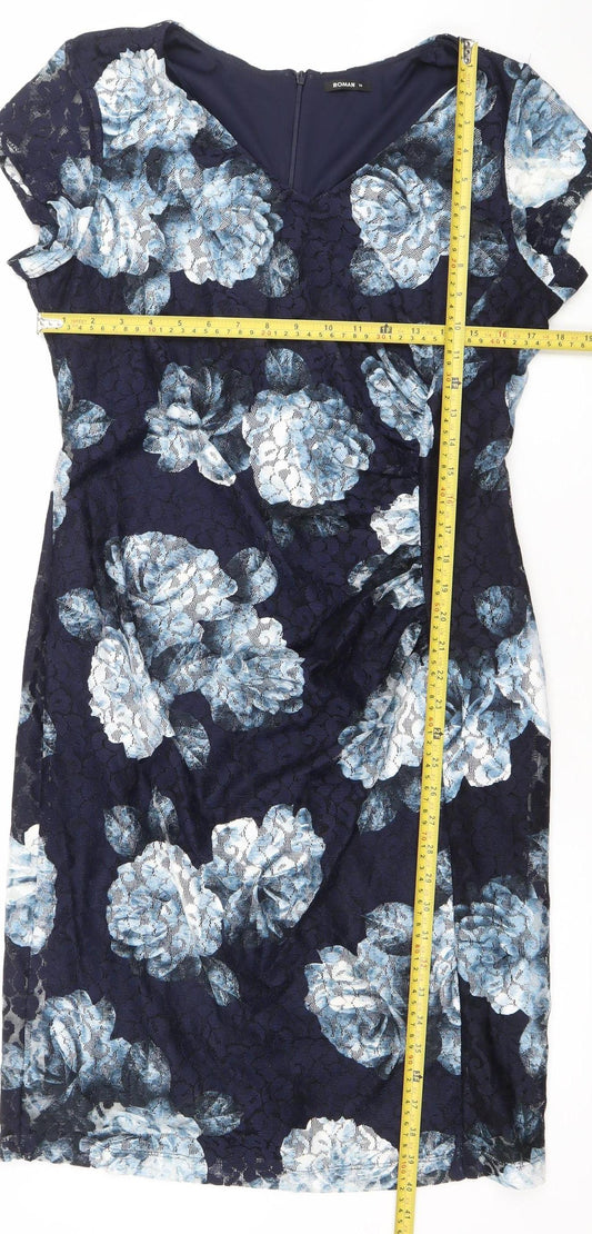 Roman Originals Women Blue Floral Lace Sheath Dress Size 14