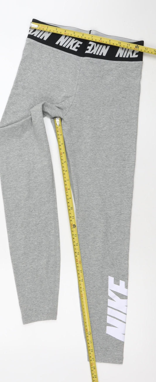 Nike Women Grey M Leggings Elastic Waist Logo Tapered Activewear