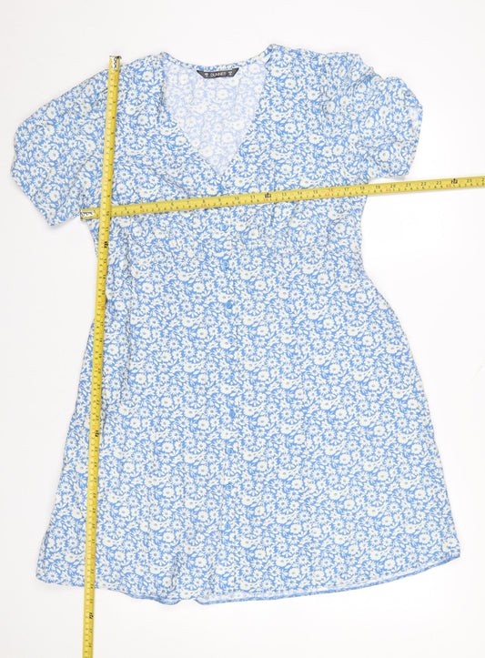 Dunnes Women Blue Floral A-Line Short Sleeve Knee Length Dress Size 14