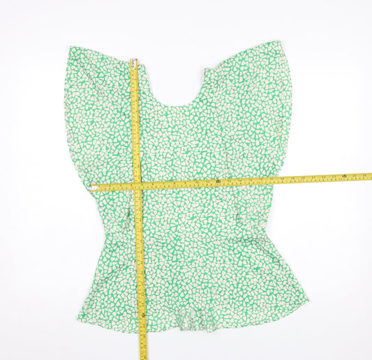 River Island Women's Green Geometric Blouse Size 12 Zip Back Flutter Sleeve