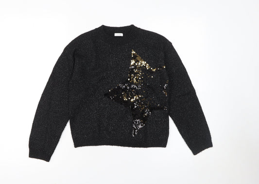 Next Girls Black Sequin Star Jumper 9 Years Acrylic Blend Crew Neck