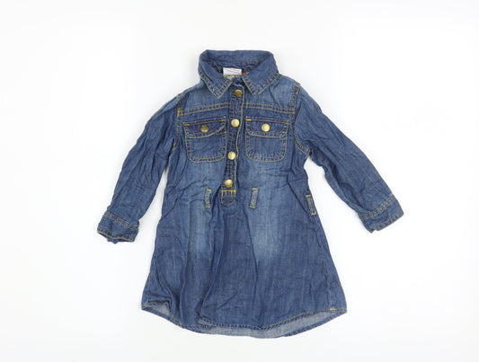Next Girls Blue Denim Shirt Dress 18-24 Months Long Sleeve Belted