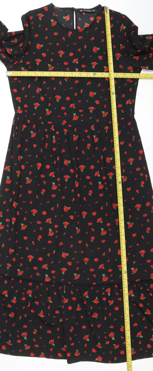 Dunnes Women’s Black Floral Midi A-Line Dress XS 3/4 Sleeve