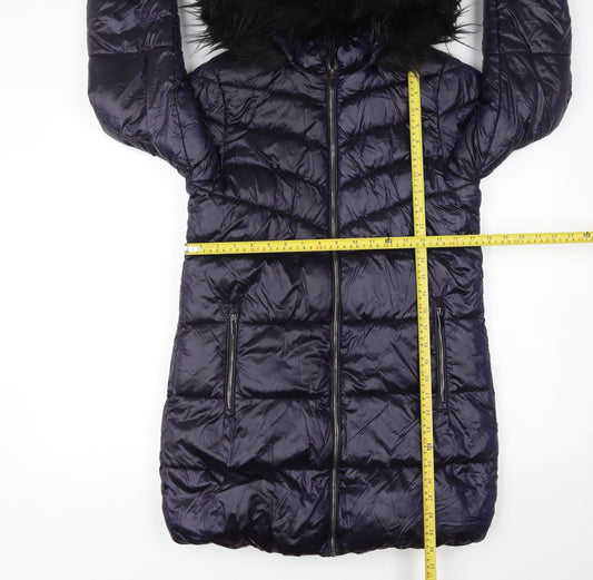 Next Girls Blue Puffer Coat 11 Years Hooded Long Winter Jacket with Faux Fur Trim