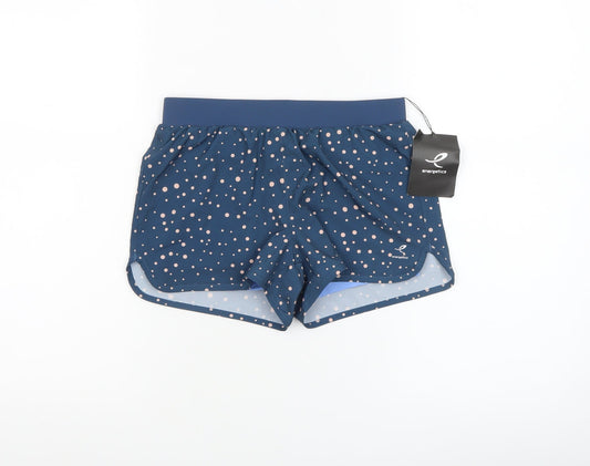 Additional front view of Energetics girls’ blue polka dot athletic running shorts 10 years