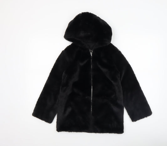 Dunnes Stores Girls Black Faux Fur Hooded Zip Coat 7-8 Years