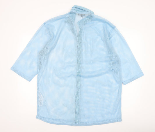 boohooMAN Men's Blue Mesh Button-Up 3/4 Sleeve Casual Shirt M