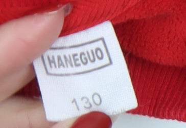 Brand and care label for HANEGUO girls’ red graphic dragon butterfly pullover sweatshirt, size 8, years