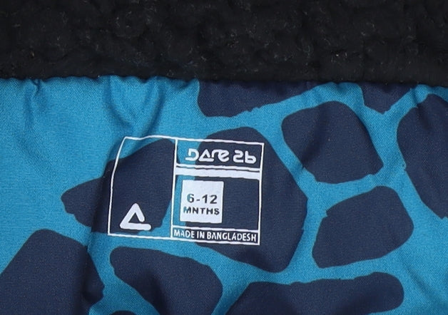 Brand and care label for Dare 2b unisex baby blue animal print hooded puffer snowsuit 6-12 months