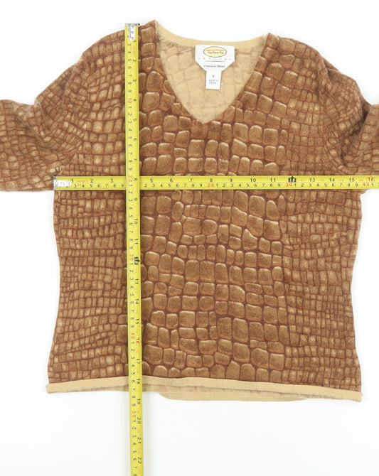 Talbots Women Brown V-Neck Cashmere Blend Animal Print Jumper Petite P