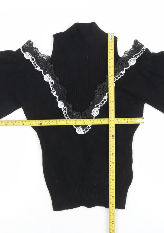 TU Women Black Lace Trim Cold Shoulder Puff Sleeve Jumper M
