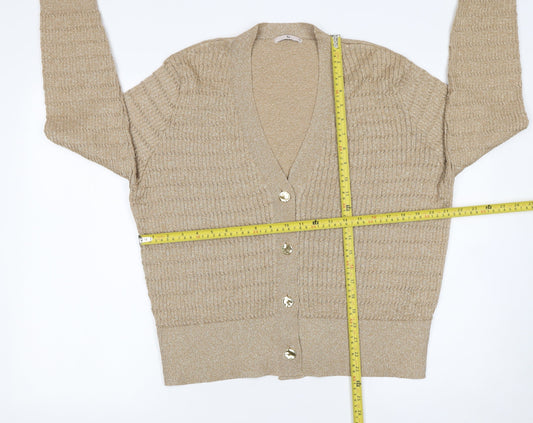 Tu Womens Beige Metallic Knit V-Neck Cardigan Size 18